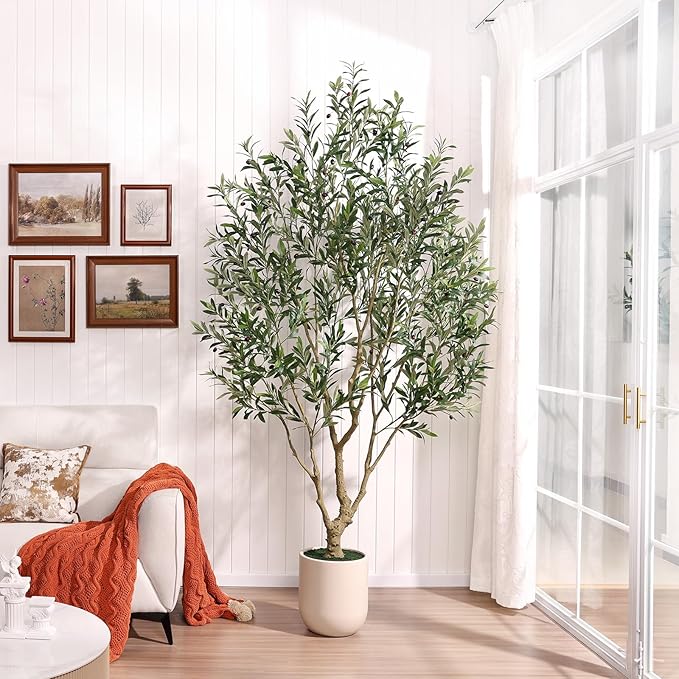 Olive Tree Artificial Indoor, 8FT Tall Faux Olive Tree with 11.5in White Planter, Artificial Plants with Natural Wood Trunk and Lifelike Fruits for Home Office Decor,VN224