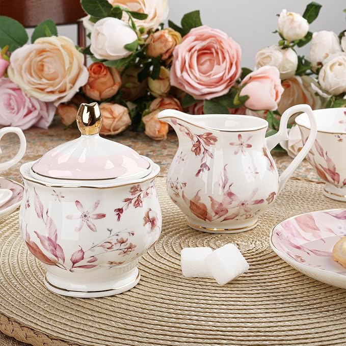 fanquare 21 Pieces British Porcelain Tea Set with Gold Trim, Pink Autumn Leaves Floral Tea Sets for Women Tea Party, 6 Teacup and Saucers for Coffee Home Wedding