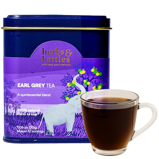 Herbs & Kettles Earl Grey Tea | Assam Black Tea Infused with Italian Bergamot Oil | Premium Loose Leaf Earl Grey with Smooth Citrus Aroma & Velvety Finish | Makes 20–30 Servings | Gourmet Tea Gift