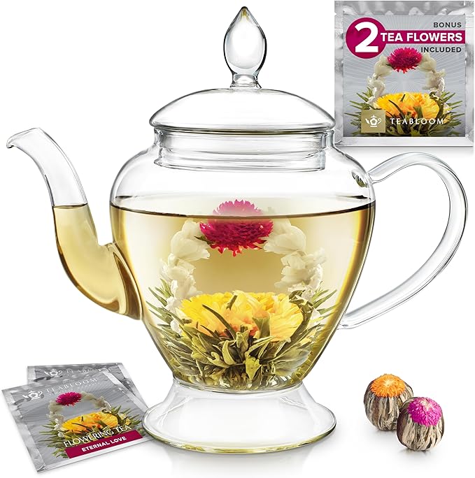 Teabloom Le Bouquet Glass Teapot with Two Gourmet Blooming Tea Flowers - 34 Oz /1 L Capacity (Up to 4 Cups of Tea)