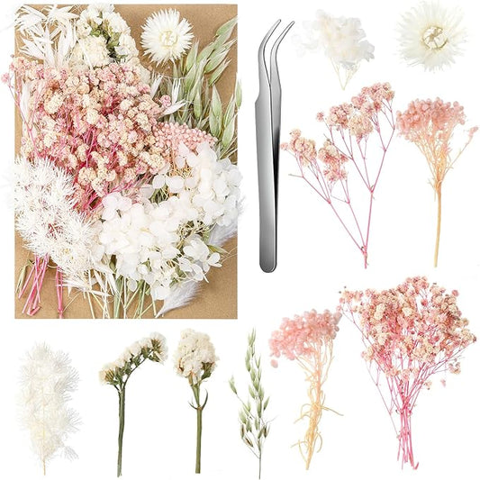 Real Dried Flowers, Natural Dry Flowers Mixed Natural Pressed Flowers Flores Secas Dried Florals for Crafts,Resin,Candle Making,Natural Flowers, Colors Vary Slightly(Pink and White)