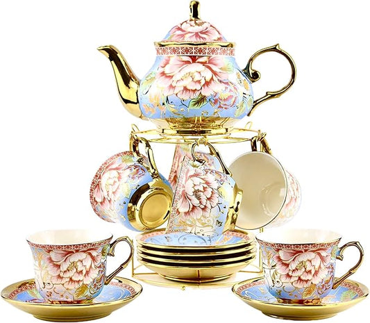 20 Pieces Porcelain Tea Set With Metal Holder, European Ceramic tea set for adults,Flower Tea Set,Tea Set For Women With Flower Painting(Large version, Light Blue))