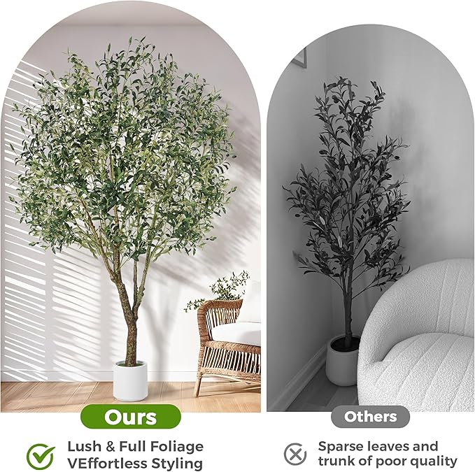 Olive Trees Artificial Indoor, 7ft Realistic Artificial Olive Tree with Natural Wood Trunk Lifelike Fruits Pre Assembled No Maintenance, Sturdy White Planter for Home Office Decor Perfect