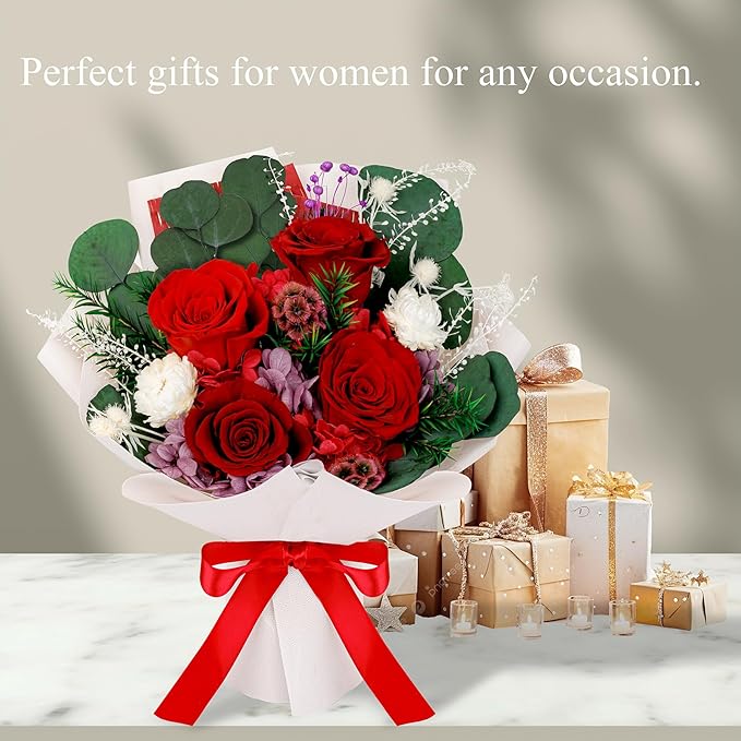 Perfectione Roses 4 Roses Mixed Bouquet for Mother's Day, Flowers for Delivery, Preserved Flowers Birthday Gift for Women Mom Wife Grandma Her, Red