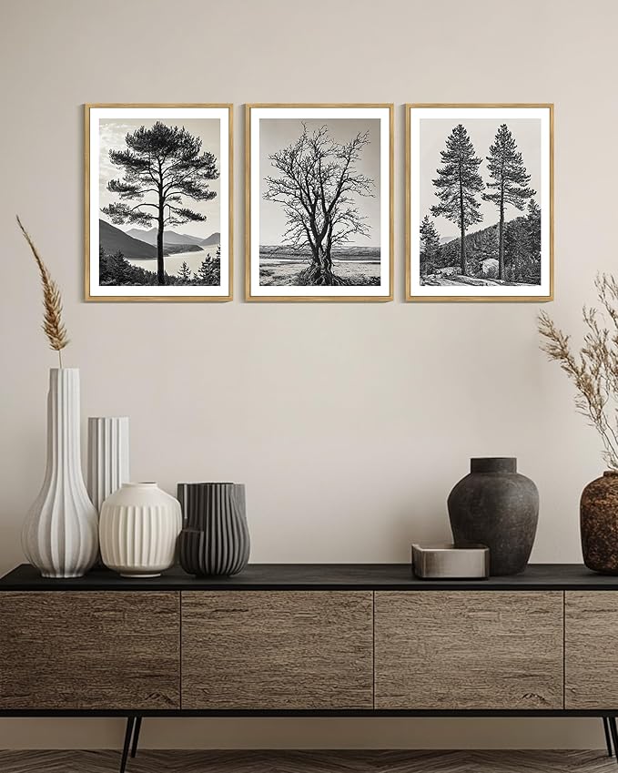 KUVIOKE Vintage Tree Framed Canvas Wall Art Black and White Retro Antique Forest Drawings Nature Wilderness Sketch Wall Painting Modern Decor 12x16in (Natural Framed)