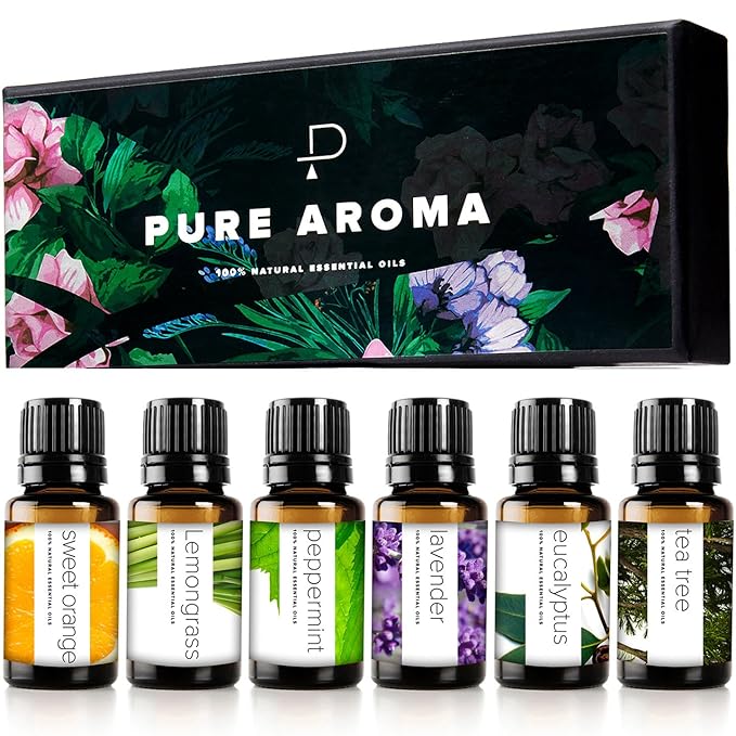 Essential Oils Set by Pure Aroma - Top 6 Aromatherapy Oils Gift Set-6 Pack, 10ml (Eucalyptus, Lavender, Lemongrass, Sweet Orange, Peppermint, Tea Tree)
