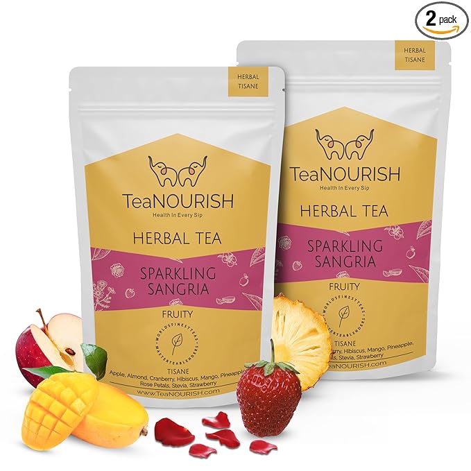 TeaNOURISH Sparkling Sangria | CAFFEINE-FREE Herbal Tea | Refreshing and Fruity | 100% Natural Apple, Strawberry, Mango, Pineapple, Hibiscus - 3.53oz/100g (Pack of 2)