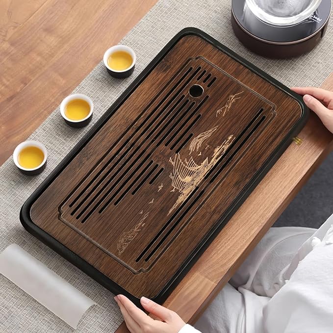 Ufine 15 Inch Bamboo Gongfu Tea Tray with Water Storage Drainage Chinese Kung Fu Tea Serving Tray Tea Table Box Gift Set