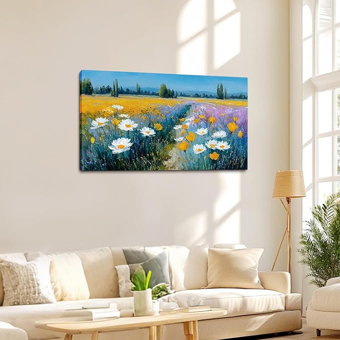 White Daisy Floral Canvas Wall Art - Abstract Yellow Wildflowers Landscape Nature Pictures with Blue Background for Living Room Bedroom Office Wall Decor, Printed Painting Artwork, Size 40x20 Inches