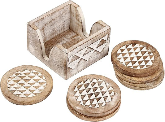 Handmade Set of 6 Wooden Round White Wash Coasters for Drink Tea Coffee Table White Distressed Coaster with Holder Stand Dining Home Décor