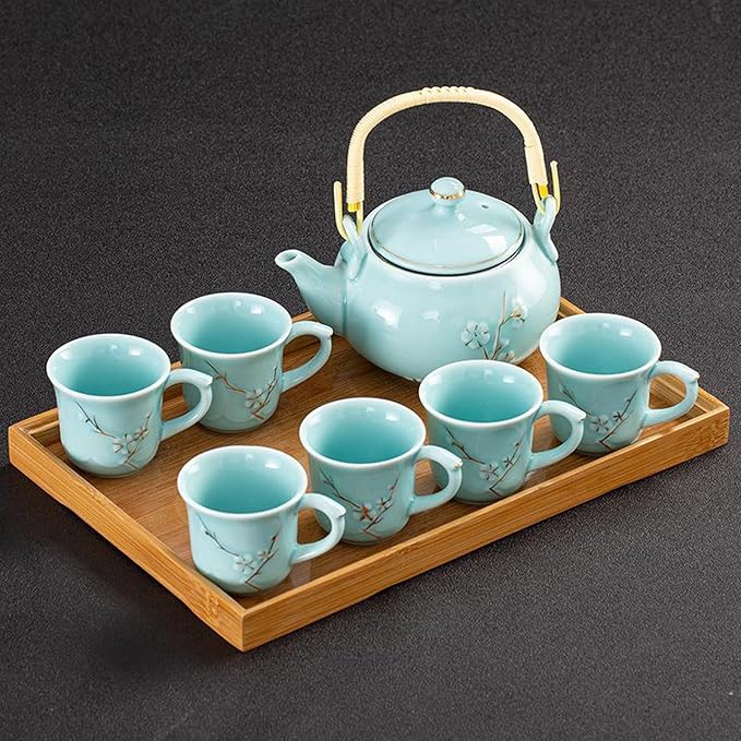 KEYDUACU Japanese Tea Set, Celadon Ceramic Tea Set, Plum Blossom Embossed, Includes 1 Teapot, 6 Anti-scald Teacups,Tea Tray,Strainer, Home, Outdoor, Gift, Chinese Kung Fu Tea Set(FDMH-FT-CYAN)