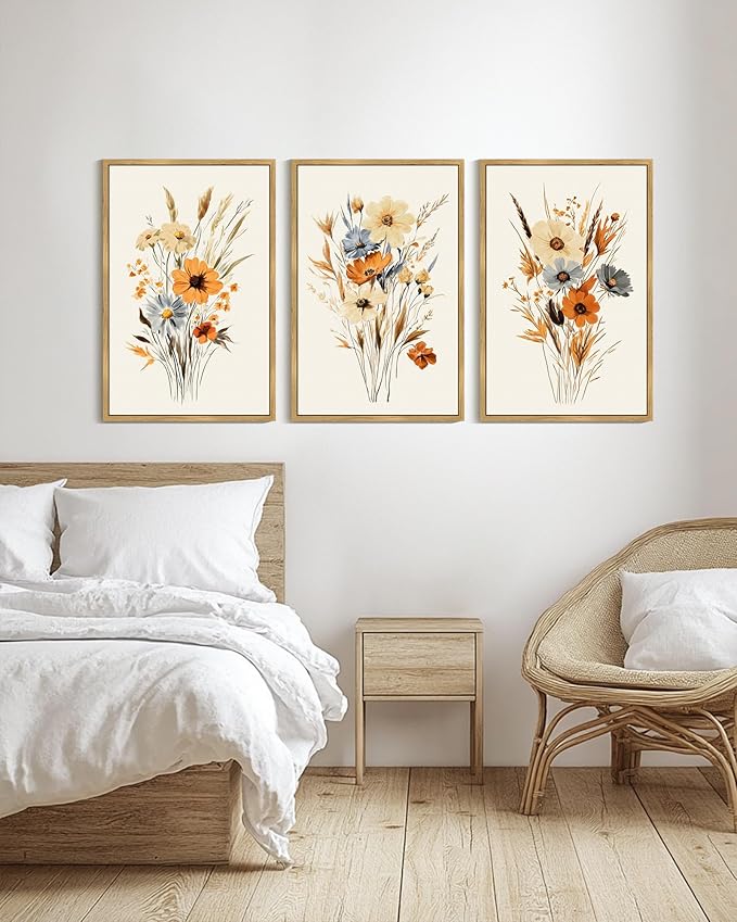 KUVIOKE Vintage Wildflower Bouquet Framed Wall Art Retro Flower Botanical Pictures Illustrations Colorful Floral Hanging Decor 24x36in (Natural Framed)