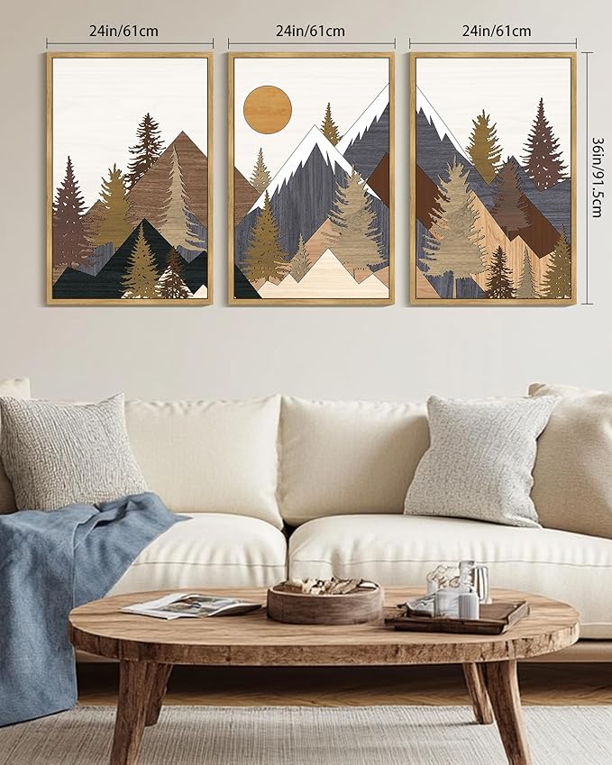 KUVIOKE Morden Boho Mountains Framed Canvas Wall Art Pine Tree Forest Nature Landscape Artwork Painting Bohemain Farmhouse Rustic Room Decor for Bedroom Living Room 24x36in (Natural Framed)