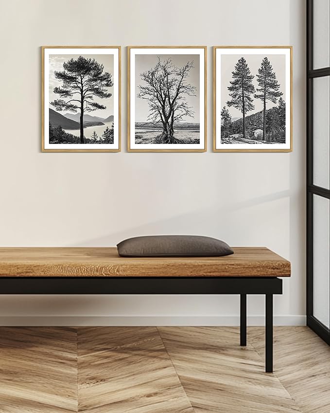 KUVIOKE Vintage Tree Framed Canvas Wall Art Black and White Retro Antique Forest Drawings Nature Wilderness Sketch Wall Painting Modern Decor 12x16in (Natural Framed)