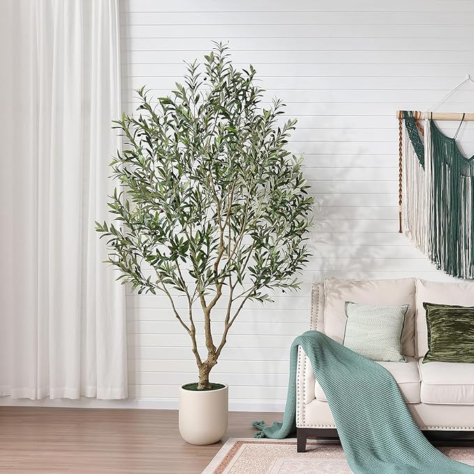 Olive Tree Artificial Indoor, 8FT Tall Faux Olive Tree with 11.5in White Planter, Artificial Plants with Natural Wood Trunk and Lifelike Fruits for Home Office Decor,VN224