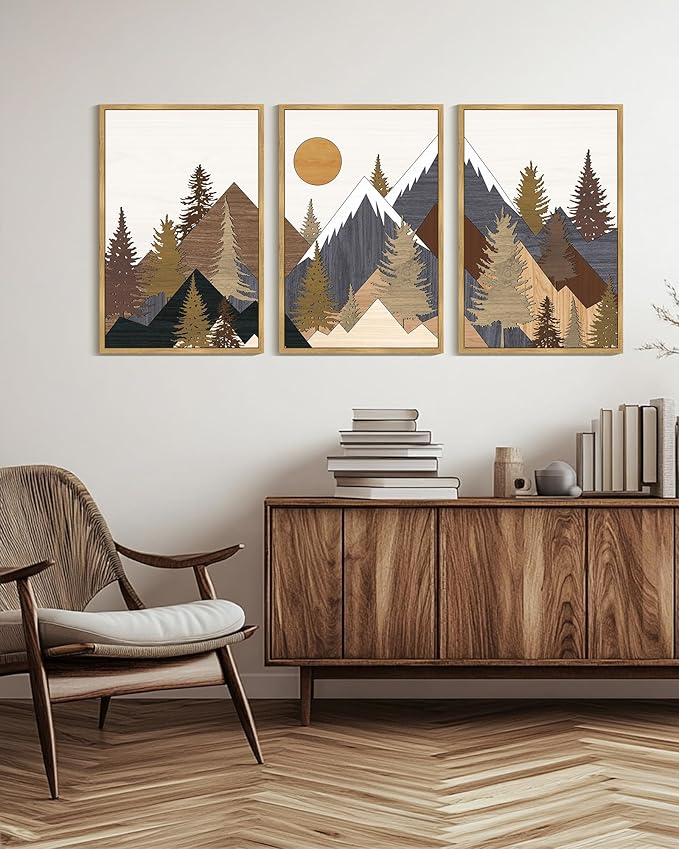 KUVIOKE Morden Boho Mountains Framed Canvas Wall Art Pine Tree Forest Nature Landscape Artwork Painting Bohemain Farmhouse Rustic Room Decor for Bedroom Living Room 24x36in (Natural Framed)