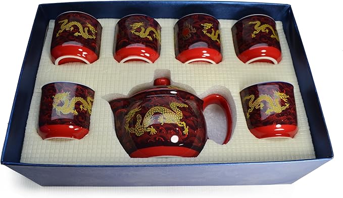 Ceramic Teapot With 6 Cups Set Chinese Porcelain Dragon Tea pot with Infuser and Teacup for Home Office Tea Set (red)