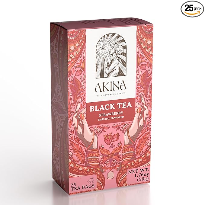 Akina Single-Origin Strawberry Black Tea Bags | 100% Naturally Flavored Fruit Tea, Kenyan Origin, Gourmet, (25 String & Tag Bags, 40g)