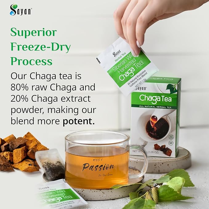 Sayan Siberian Chaga Mushroom Tea 1.05 Oz / 30g – 20 Unbleached Bags, Wild Harvested Organic Antioxidant No Caffeine. Raw and Extract Blend. Immune, Digestion Support. Detox, Focus Energy Boost