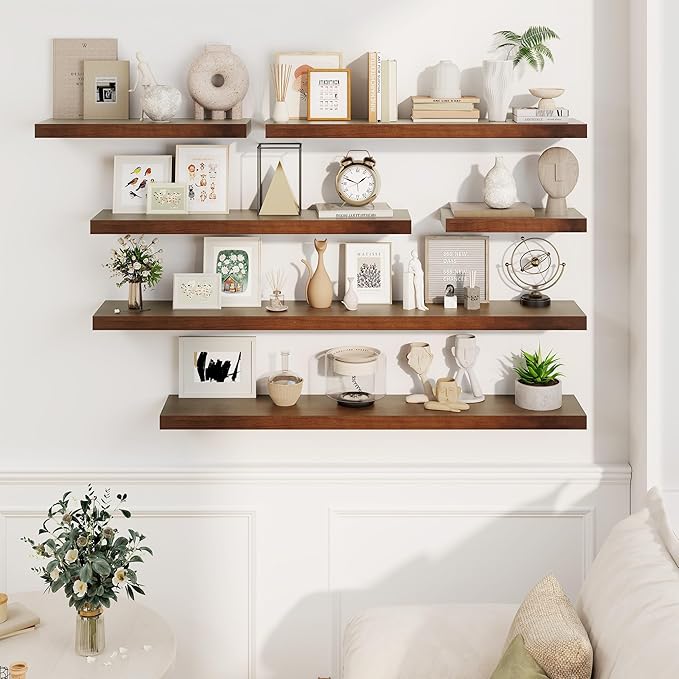 Fun Memories Wood Floating Shelves Set of 2, Rustic Pine Wood Floating Shelves for Wall Mounting, Wide Wall Shelf for Home Decor and Storage, 36" W x 7" D, Walnut