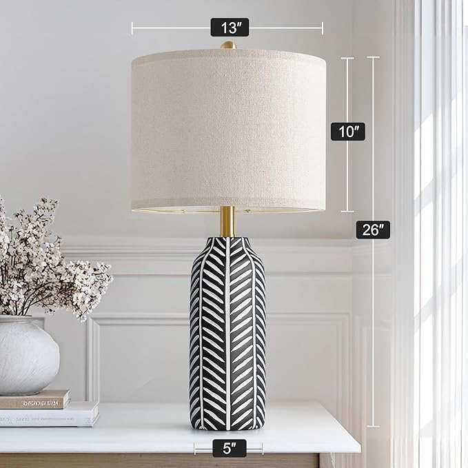 BOBOMOMO 26" Farmhouse Black Table Lamps Set of 2 – Rustic Resin Lamps with Vintage Leaf Pattern and Linen Shades, Black Bedside Lamps for Bedroom, Living Room, Office, Entryway, Console Table