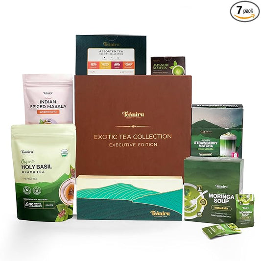 Teaniru, Exotic Collection-Christmas Gift Box | Holiday Flavored Teas, Moringa Soup, Strawberry Matcha Latte, Spiced Masala Chai, Assorted Loose Leaf Teas, Holy Basil Tea & Matcha, Thanks Giving