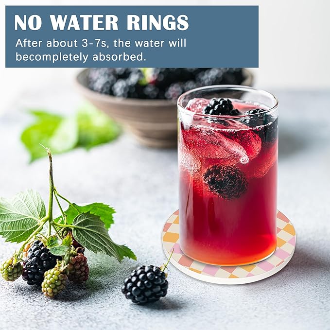 Coasters for Drinks,Set of 4 Absorbent Coasters,Groovy Rainbow Chessboard Waves Swirl Twirl Ceramic Coasters with Cork Base,Cup Coaster for Coffee Table Protection,Gifts for Housewarming Birthday