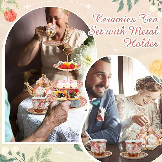 Maxcheck 21 Pcs Tea Party Set for Adults European Floral Tea Set with Metal Holder and 3 Tier Ceramic Cake Stand Porcelain Flower Cup Teapot for Dessert Cupcake(Romantic Style)