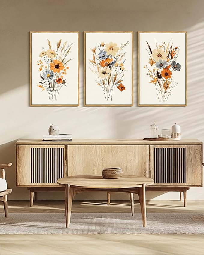 KUVIOKE Vintage Wildflower Bouquet Framed Wall Art Retro Flower Botanical Pictures Illustrations Colorful Floral Hanging Decor 24x36in (Natural Framed)