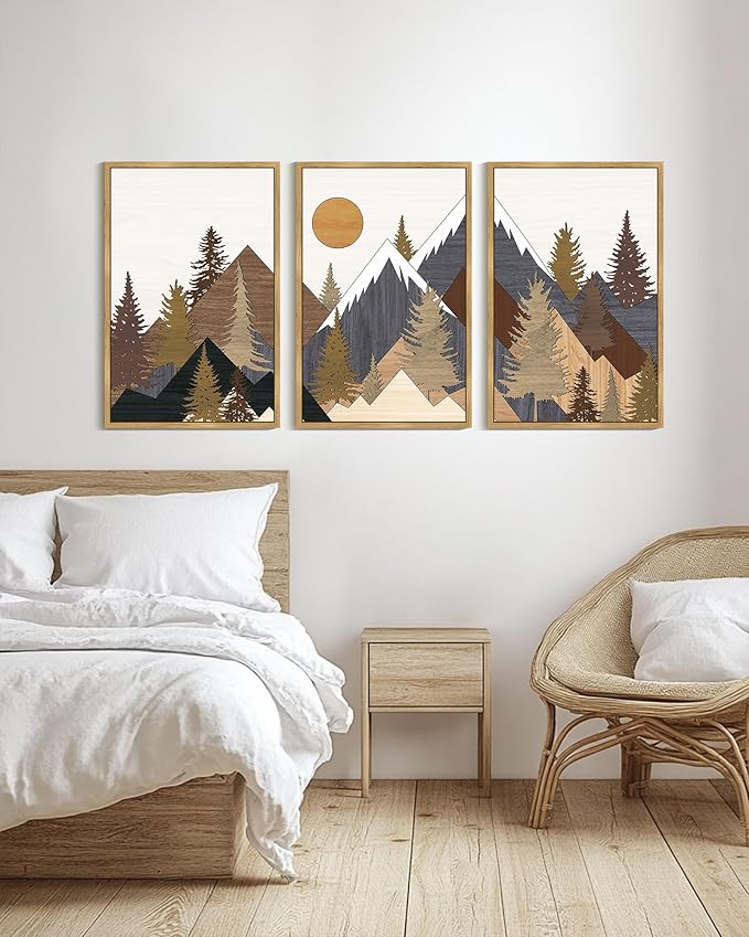 KUVIOKE Morden Boho Mountains Framed Canvas Wall Art Pine Tree Forest Nature Landscape Artwork Painting Bohemain Farmhouse Rustic Room Decor for Bedroom Living Room 24x36in (Natural Framed)
