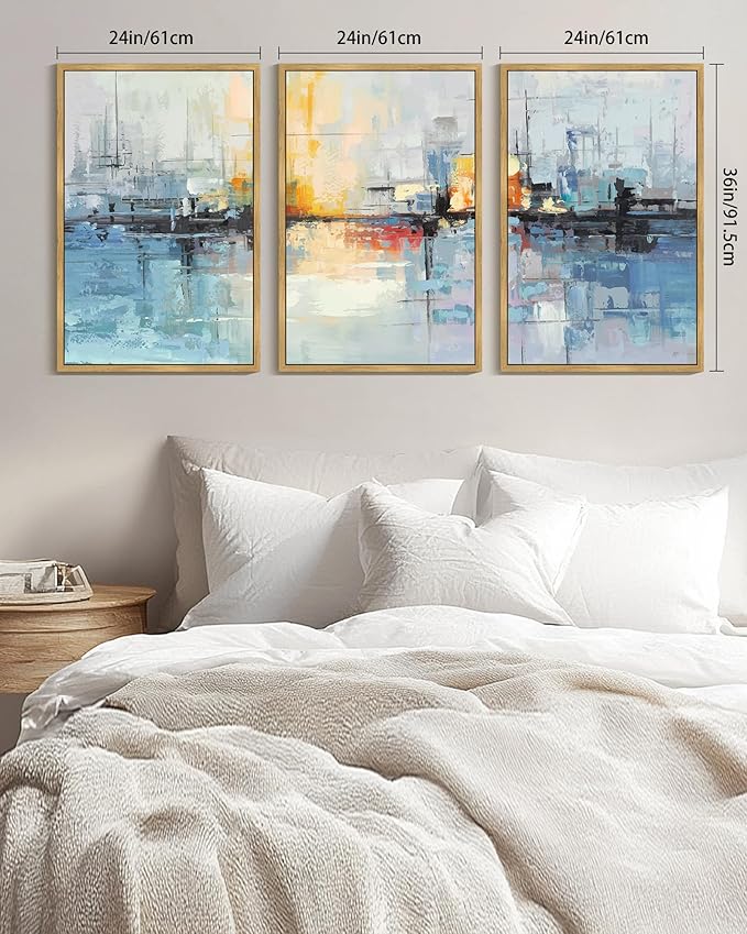 KUVIOKE Navy Blue Abstract Landscape Framed Canvas Wall Art Graffiti Shape Pastel Wall Decor Modern Minimalist Art Painting for Bedroom Dining Room 24x36in (Natural Framed)