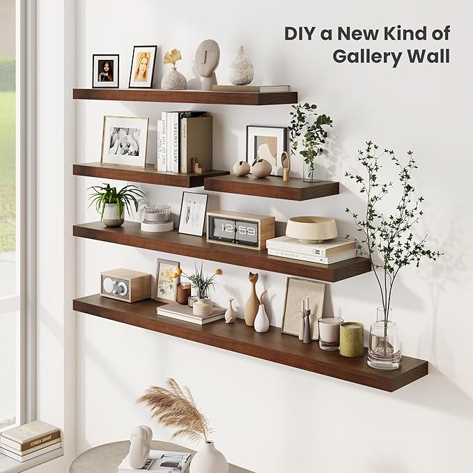 Fun Memories Wood Floating Shelves Set of 2, Rustic Pine Wood Floating Shelves for Wall Mounting, Wide Wall Shelf for Home Decor and Storage, 36" W x 7" D, Walnut