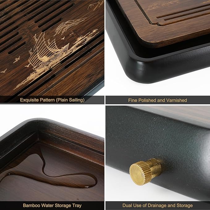 Ufine 15 Inch Bamboo Gongfu Tea Tray with Water Storage Drainage Chinese Kung Fu Tea Serving Tray Tea Table Box Gift Set