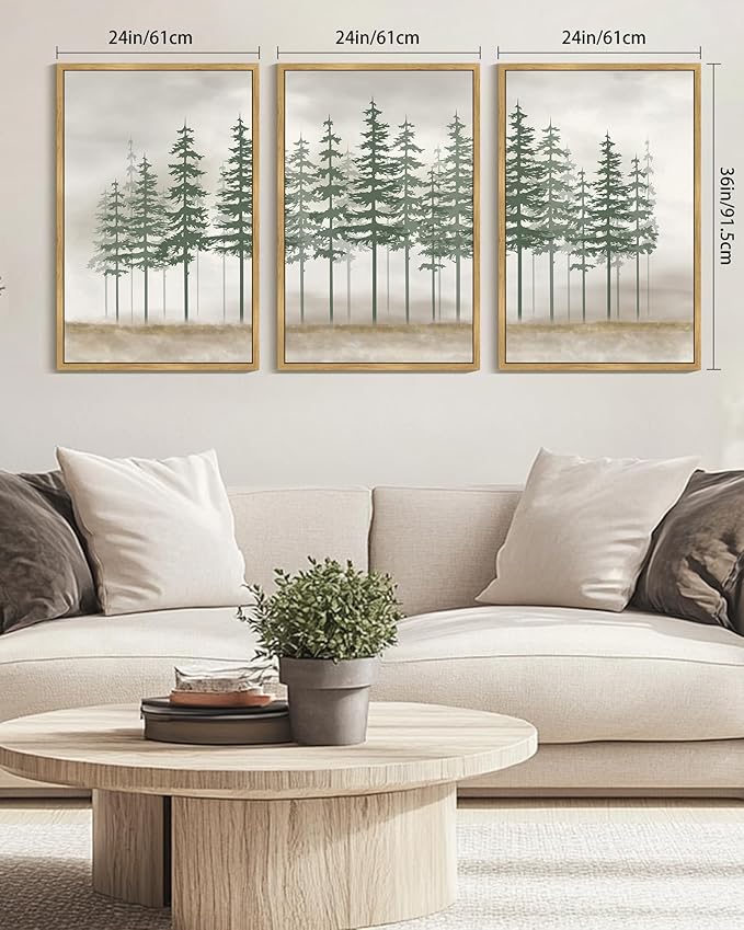 KUVIOKE Green Foggy Misty Pine Tree Framed Canvas Wall Art Watercolor Nature Abstract Forest Wall Decor Rustic Minimalist Painting for Bedroom Dining Room 24x36in (Natural Framed)