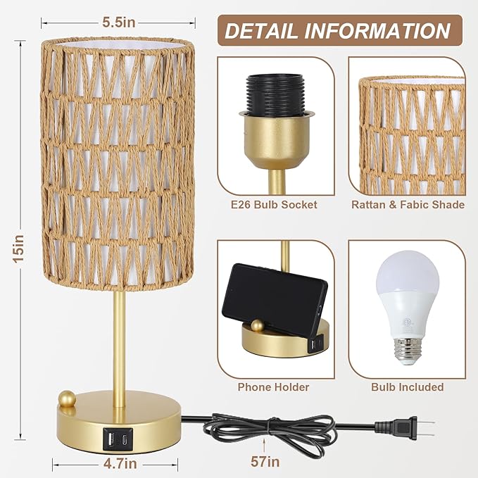 Gold Bedside Lamps Set of 2, Touch Control Night Stand Lamp for Bedroom with Rattan & Linen Shade & Bulbs, 3 Way Dimmable Small Boho Table Lamps with USB Charging Port & Phone Stand