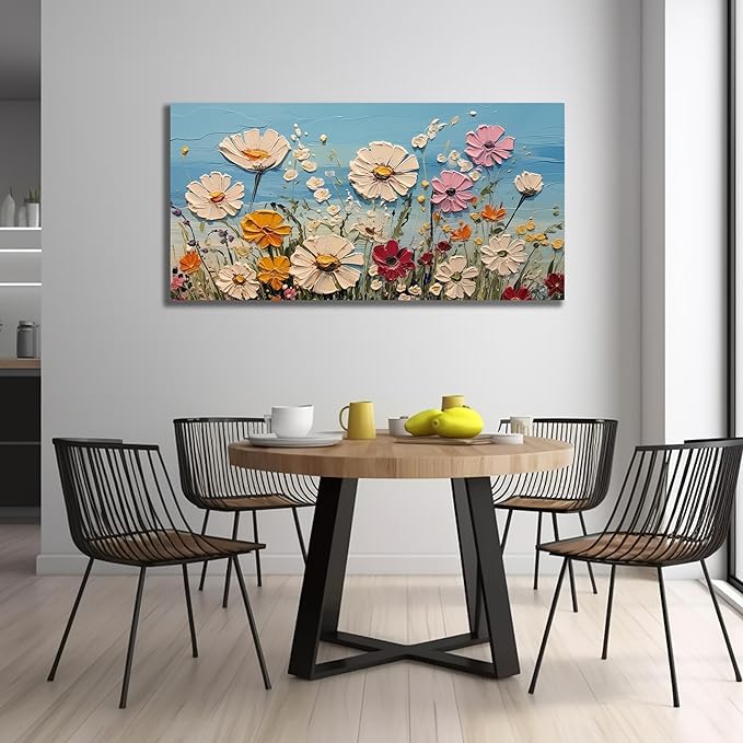 Colorful Floral Canvas Wall Art - Abstract Flower Pictures with Blue Background for Living Room Bedroom Office Wall Decor, Horizontal Printed Painting Artwork Home Decorations, Size 48x24 Inches