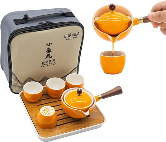 LURRIER Porcelain Chinese Gongfu Tea Set,Portable Teapot Set with 360 Rotation Tea maker and Infuser,Portable All in One Gift Bag for Travel,Home,Gifting,Outdoor and Office(Orange)