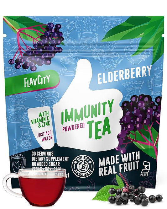 FlavCity Elderberry Immunity Tea Powder – Antioxidant-Rich Herbal Tea with Zinc & Acerola for Daily Immune Support – Sugar-Free, Shelf-Stable, Hot & Cold Brew, 30 Servings