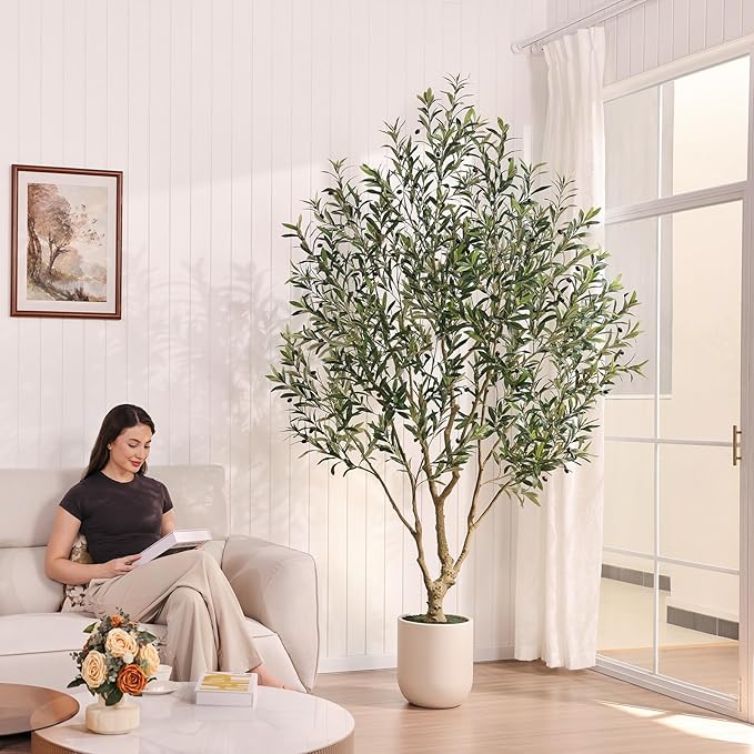 Olive Tree Artificial Indoor, 8FT Tall Faux Olive Tree with 11.5in White Planter, Artificial Plants with Natural Wood Trunk and Lifelike Fruits for Home Office Decor,VN224