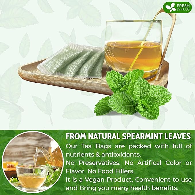 FreshDrinkUS, Premium 45 Spearmint Tea Bags, 100% Natural Spearmint Leaves. Loose Leaf Spearmint Herbal Tea. Spearmint Leaf Tea. No Sugar, No Caffeine, No Gluten, Vegan.