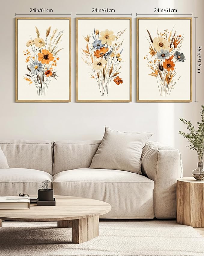 KUVIOKE Vintage Wildflower Bouquet Framed Wall Art Retro Flower Botanical Pictures Illustrations Colorful Floral Hanging Decor 24x36in (Natural Framed)