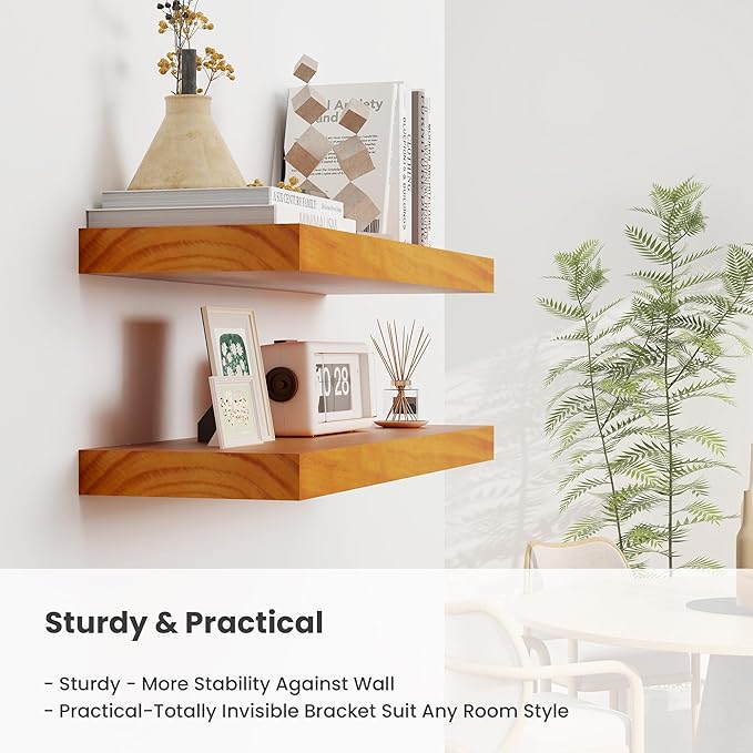 Fun Memories Wood Floating Shelves Set of 2, Rustic Pine Wood Floating Shelves for Wall Mounting, Wide Wall Shelf for Home Decor and Storage, 36" W x 7" D, Honey Oak