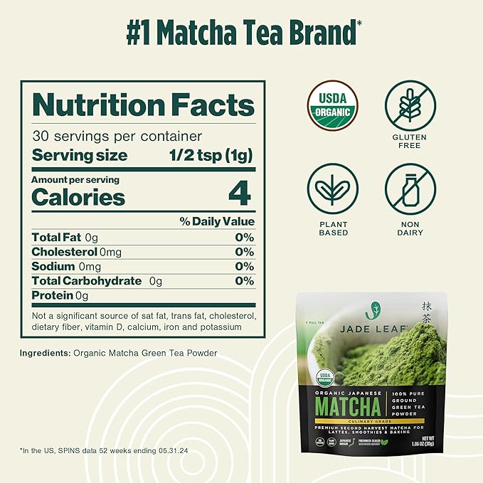 Jade Leaf Matcha Organic Premium Ceremonial Grade Matcha Green Tea Powder - Japanese - Culinary, Ingredient, Ceremonial Barista Teahouse, Latte, Collagen, 1.06 Ounce (Pack of 1), Culinary
