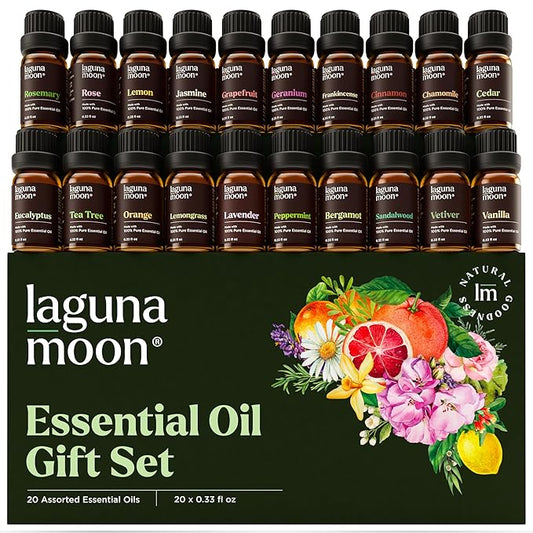 Lagunamoon Essential Oils Set, Top 20 Gift Set Oils for Diffusers, Humidifiers, Aromatherapy, Candle Making Scents, Cars & Home Products, Peppermint, Tea Tree, Lavender, Eucalyptus, Lemongrass (10mL)