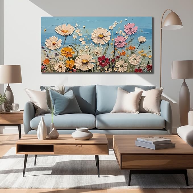 SKYRISE Colorful Floral Canvas Wall Art - Abstract Flower Pictures with Blue Background for Living Room Bedroom Office Wall Decor, Printed Painting Artwork Home Decorations, Large Size 58x29 Inches