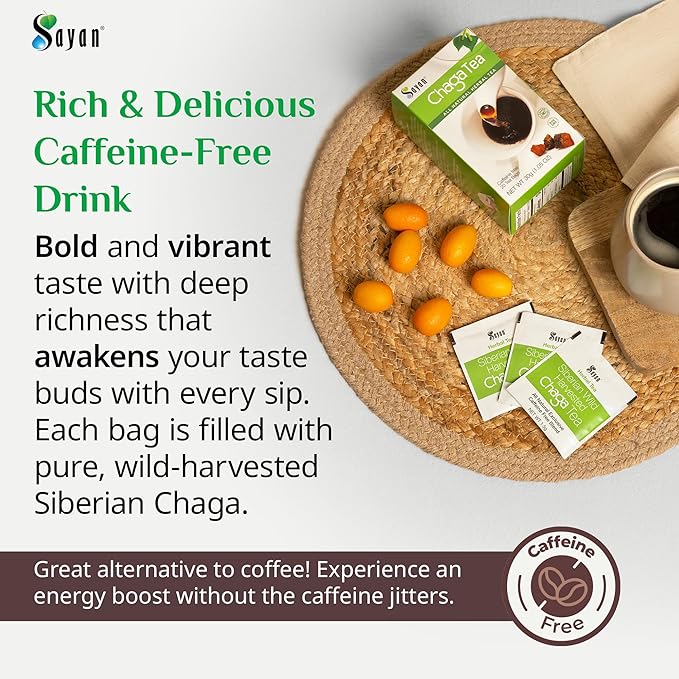 Sayan Siberian Chaga Mushroom Tea 1.05 Oz / 30g – 20 Unbleached Bags, Wild Harvested Organic Antioxidant No Caffeine. Raw and Extract Blend. Immune, Digestion Support. Detox, Focus Energy Boost