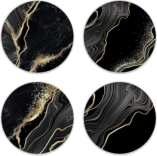 Coasters Set of 4, Black Marble Golden Glitter Ceramic Coasters with Cork Bottom for Kinds of Mugs and Cups, Home Decor, 4''