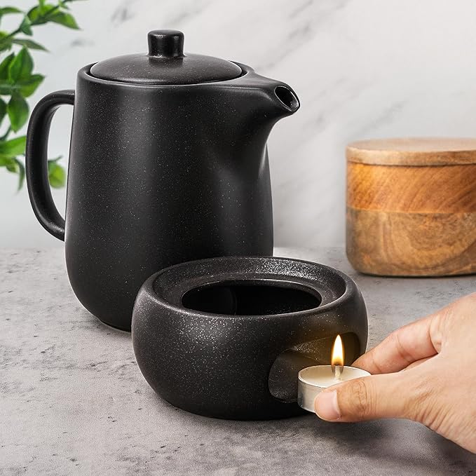 Teapot with Warmer Set, 1.2 L, Ceramic Teapot with Strainer Insert and Candle Warmer, Tea Pot, Teapot with Ceramic Warmer