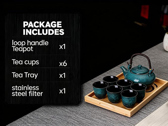 KEYDUACU Japanese Tea Set, Ceramic Tea Set, Plum Blossom Embossed, Teapot, 6 Teacups, Tea Tray, Strainer, Home, Outdoor, Gift, Chinese Kung Fu Tea Set (Pine Green)