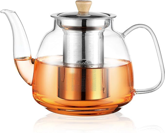 CNGLASS Glass Teapot with Infuser(37.5oz),Clear Tea Kettle with Removable Stainless Steel Strainer,Stovetop Safe Glass Teapot for Blooming and Loose Leaf Tea